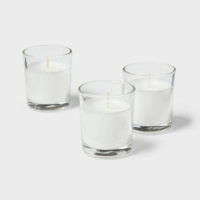 2.3" 8pk Unscented Votive Candle Set White - Room Essentials™: Paraffin Wax, Glass Holder, 15hr Burn Time