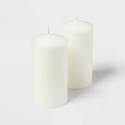 2pk 3" X 6" Unscented Pillar Candles White - Room Essentials™: Paraffin Wax, 65hr Burn Time, No Container